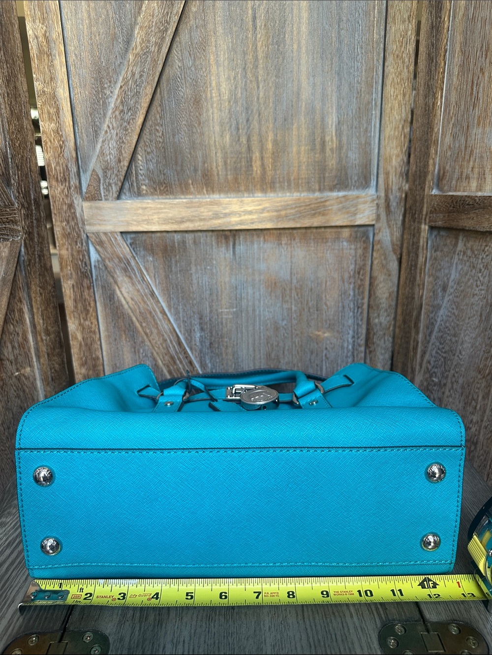 Michael Kors Turquoise Satchel Tote with Silver Padlock & Chain Shoulder Handbag - Picture 11 of 16